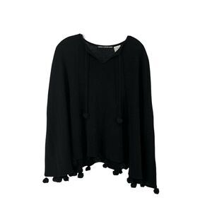 Nina Leonard Poncho Black Wool Blend Faux Fur Pom Pom Trim Size M Boho Sweater